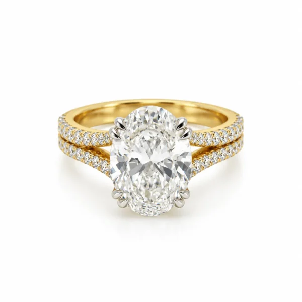 Opulent Oval Lab Grown Diamond Ring front view with large oval-cut centre diamond and double-row diamond-studded yellow gold band.