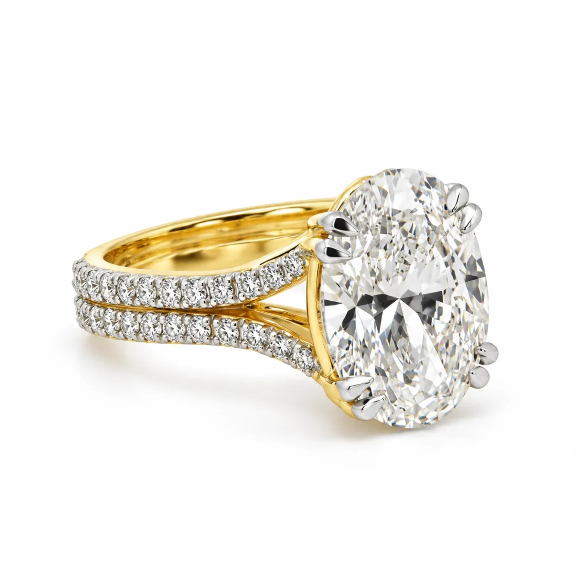 Opulent Oval Lab Grown Diamond Ring right side view showing oval solitaire diamond, white metal prongs and pavé diamond split shank.