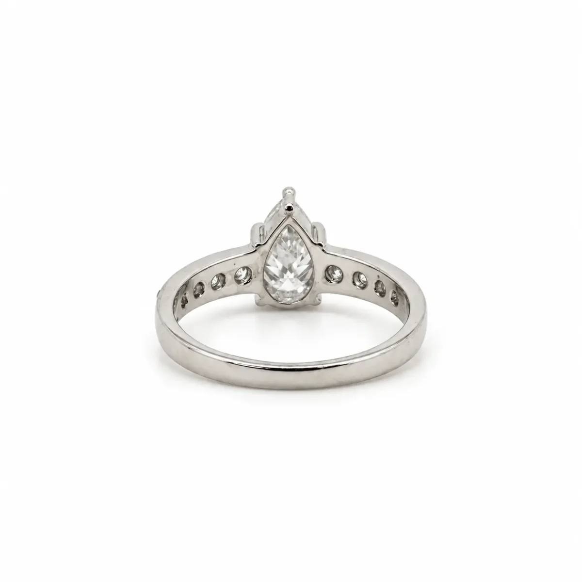 Back view of Pear Cut Moissanite Diamond Ring in 925 Sterling Silver showing smooth inner band and pear-shaped stone setting.