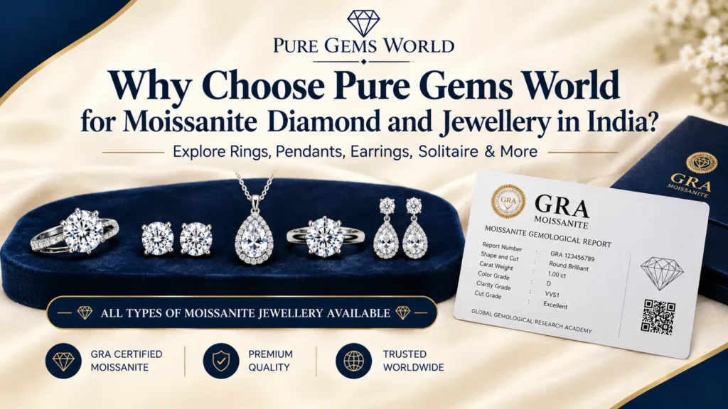 Moissanite diamond jewellery collection of rings, pendants and earrings by Pure Gems World