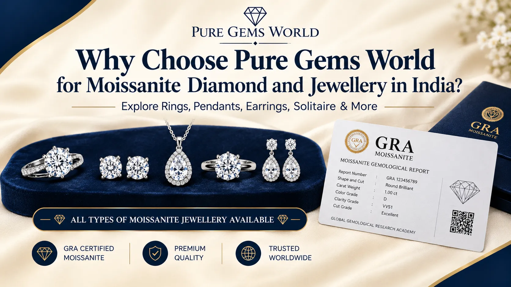 Moissanite diamond jewellery collection of rings, pendants and earrings by Pure Gems World
