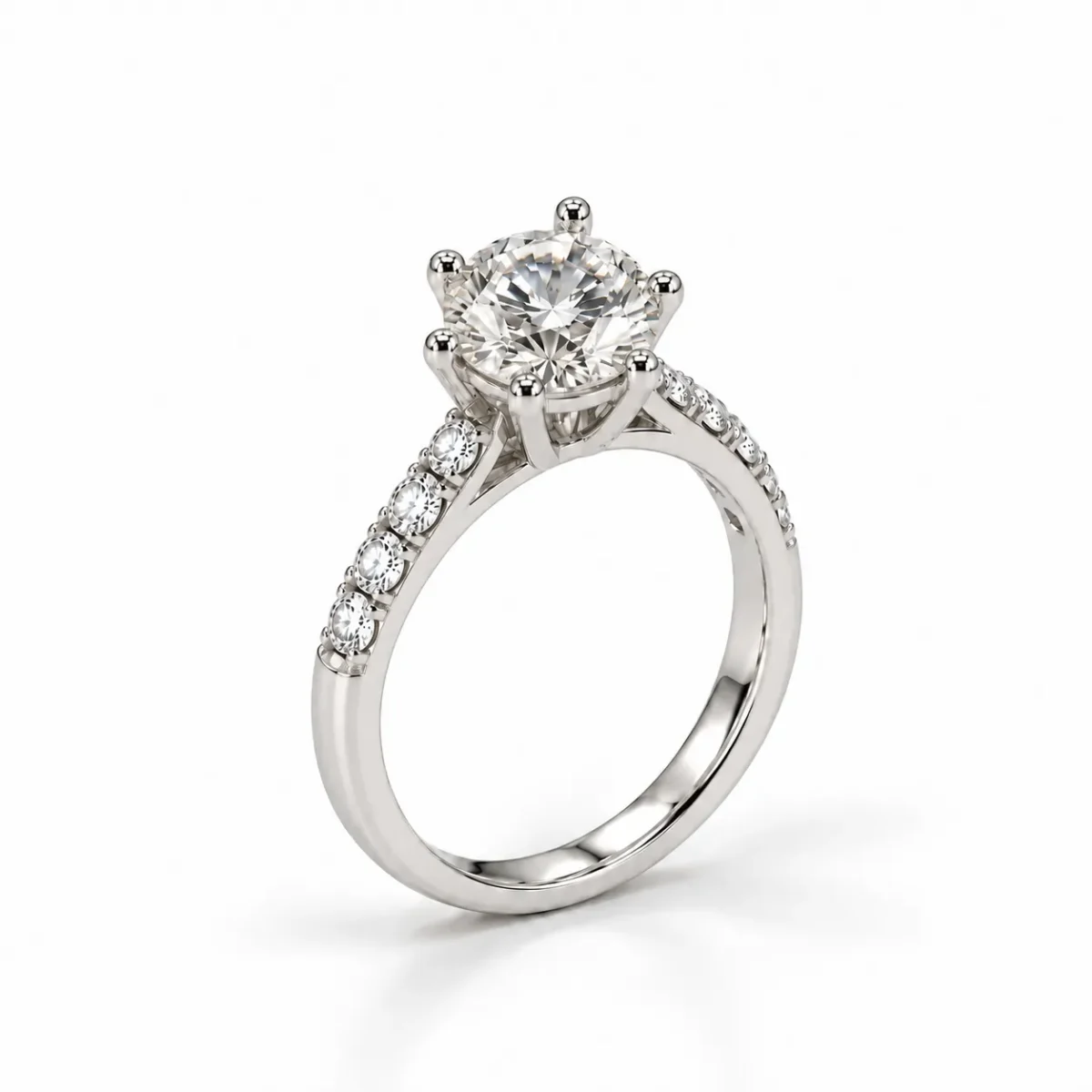 : Radiant Solitare Lab Grown Diamond Solitaire Ring in white gold with six-prong round diamond setting and pavé band