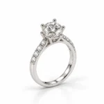 : Radiant Solitare Lab Grown Diamond Solitaire Ring in white gold with six-prong round diamond setting and pavé band