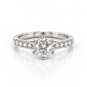 Front view of Radiant Solitare Lab Grown Diamond Solitaire Ring with round centre diamond and diamond-studded white gold band