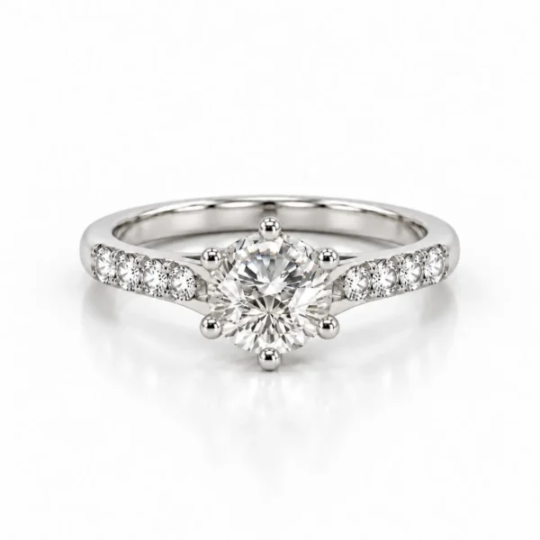 Front view of Radiant Solitare Lab Grown Diamond Solitaire Ring with round centre diamond and diamond-studded white gold band