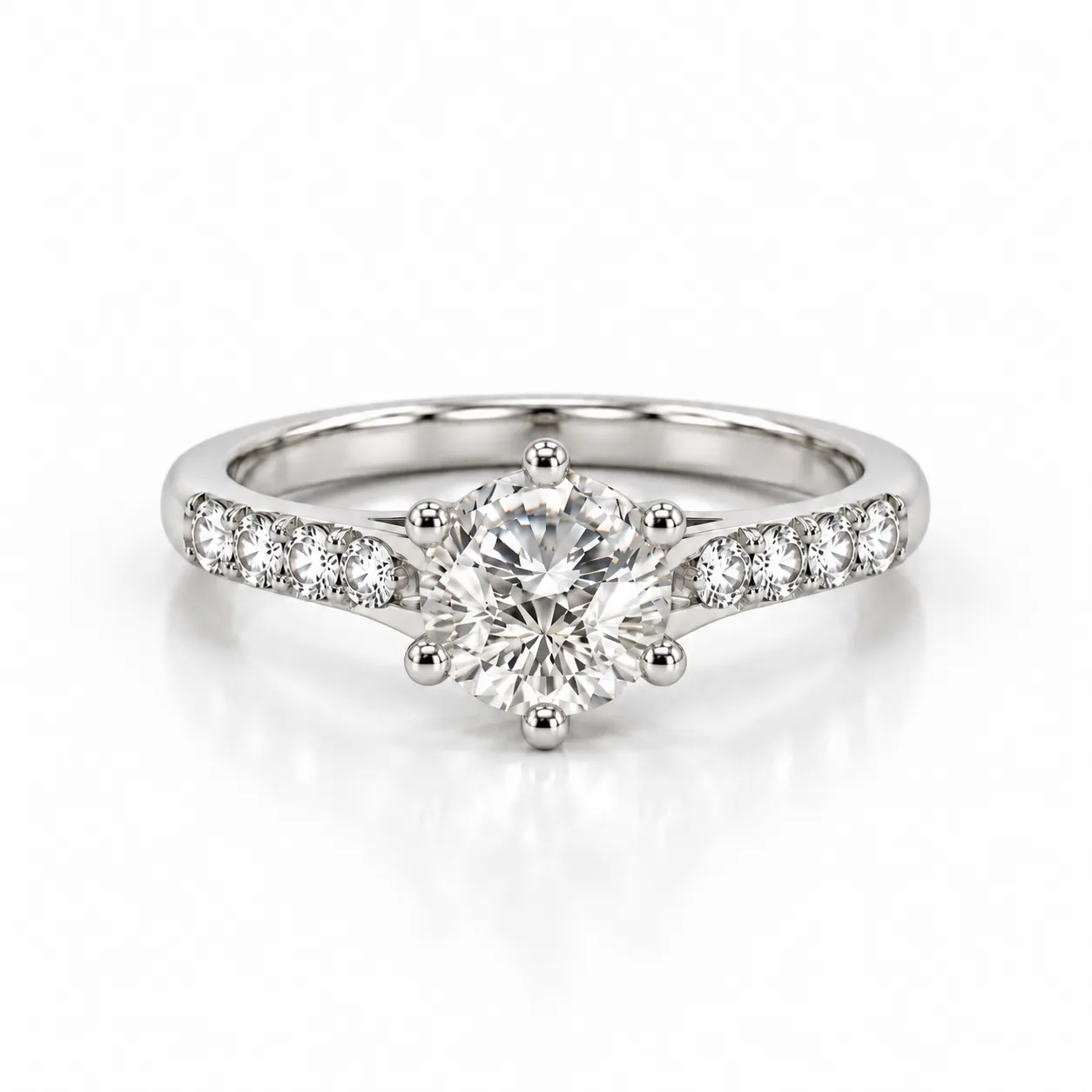 Front view of Radiant Solitare Lab Grown Diamond Solitaire Ring with round centre diamond and diamond-studded white gold band