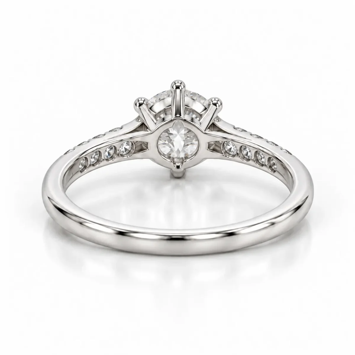 Back view of Radiant Solitare Lab Grown Diamond Solitaire Ring showing six-prong setting and polished white gold band