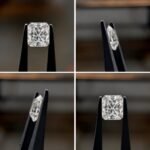 Square radiant cut CVD lab grown diamond held securely in silver tweezers, showcasing brilliant facets, clipped corners and exceptional sparkle on a white background.