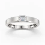 Front view of Regal Emerald Moissanite Men's Ring with a rectangular emerald-cut stone, silver band and secure bezel setting.