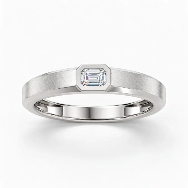 Front view of Regal Emerald Moissanite Men's Ring with a rectangular emerald-cut stone, silver band and secure bezel setting.