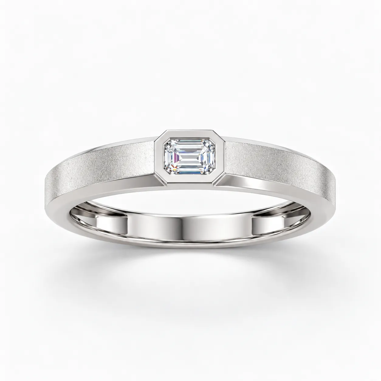 Regal Emerald Moissanite Mens Ring (2) Front view of Regal Emerald Moissanite Men's Ring with a rectangular emerald-cut stone, silver band and secure bezel setting.