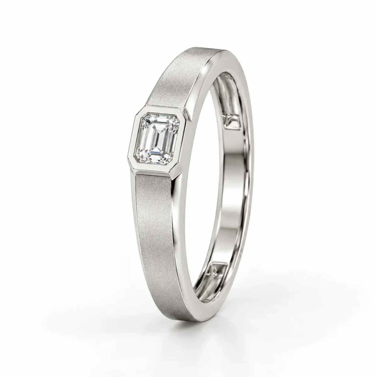 Standing side view of Regal Emerald Moissanite Men's Ring showing its emerald-cut gemstone, silver band and geometric bezel setting.