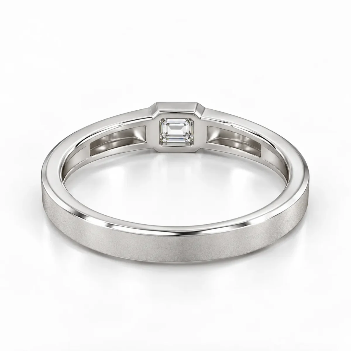 Back view of Regal Emerald Moissanite Men's Ring showcasing the silver inner band, emerald-cut stone setting and detailed craftsmanship.