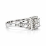 Left side view of Royal Quadra Moissanite Silver Ring showing its square halo, delicate Moissanite accents and silver band.