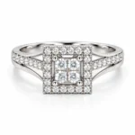 Royal Quadra Moissanite Silver Ring featuring a four-stone square centre, sparkling halo and split-shank design.