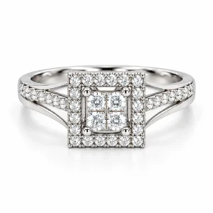 Royal Quadra Moissanite Silver Ring featuring a four-stone square centre, sparkling halo and split-shank design.
