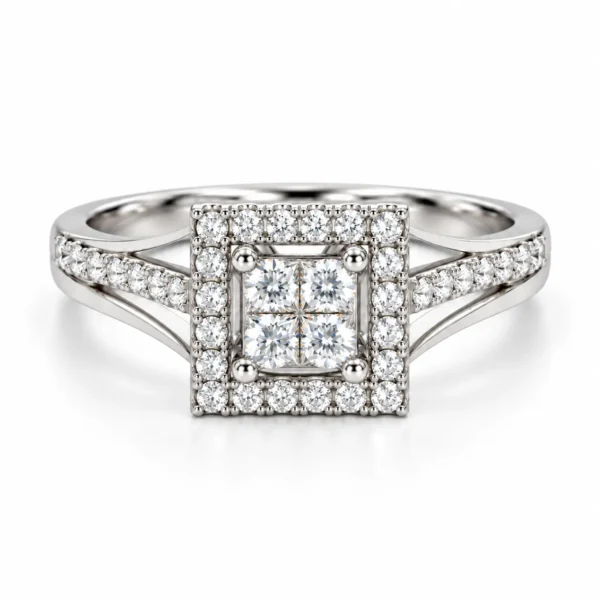 Royal Quadra Moissanite Silver Ring featuring a four-stone square centre, sparkling halo and split-shank design.