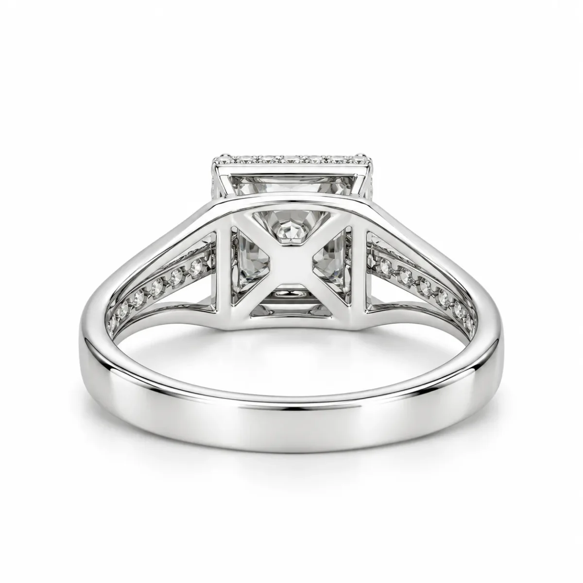 Back view of Royal Quadra Moissanite Silver Ring showing its open gallery setting and polished 925 sterling silver band.