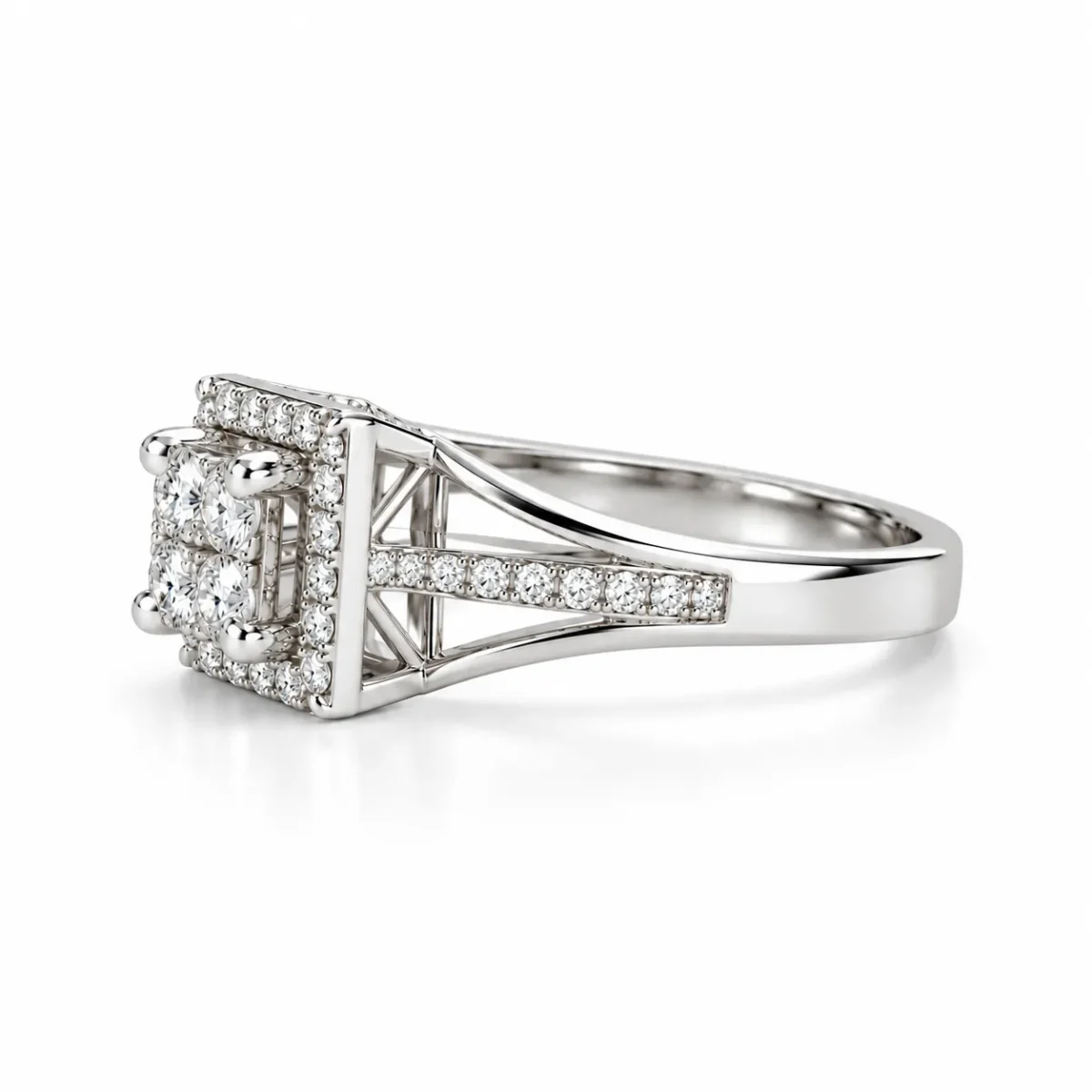 Right side view of Royal Quadra Moissanite Silver Ring featuring a raised square halo setting and sparkling side stones.