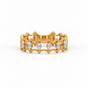 Royal Tiara Marquise Diamond Eternity Ring in yellow gold featuring sparkling marquise-cut diamonds and an elegant crown-inspired design, front view.