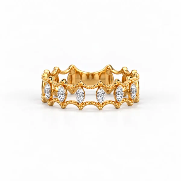 Royal Tiara Marquise Diamond Eternity Ring in yellow gold featuring sparkling marquise-cut diamonds and an elegant crown-inspired design, front view.