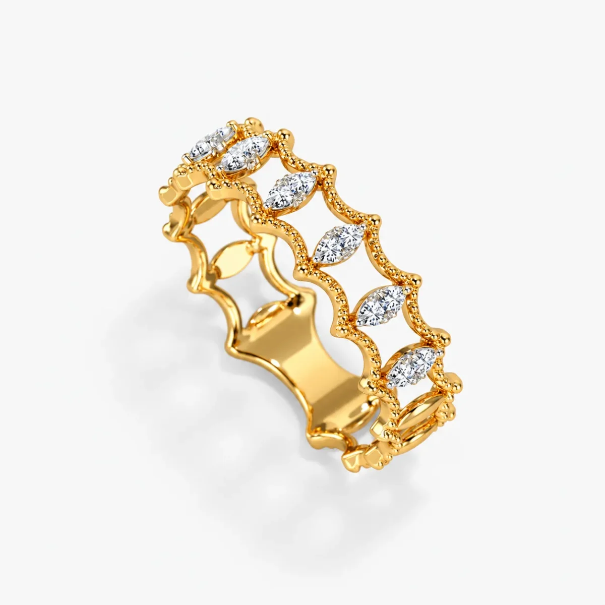 Side angle view of Royal Tiara Marquise Diamond Eternity Ring showcasing marquise-shaped diamonds, intricate yellow gold crown detailing, and an elegant openwork band.