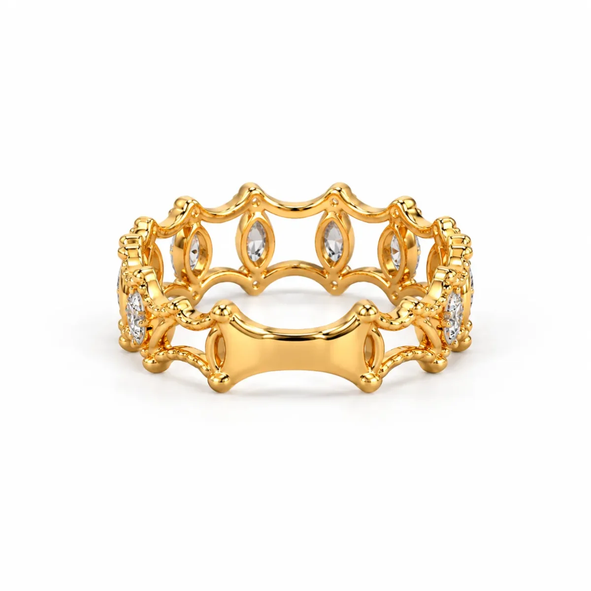 Back view of Royal Tiara Marquise Diamond Eternity Ring showing its polished yellow gold band, openwork crown design, and marquise diamond settings.