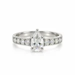 Front view of Pear Cut Moissanite Diamond Ring in 925 Sterling Silver with brilliant pear-shaped centre stone and sparkling side stones.