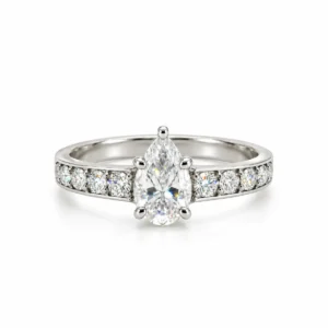 Front view of Pear Cut Moissanite Diamond Ring in 925 Sterling Silver with brilliant pear-shaped centre stone and sparkling side stones.