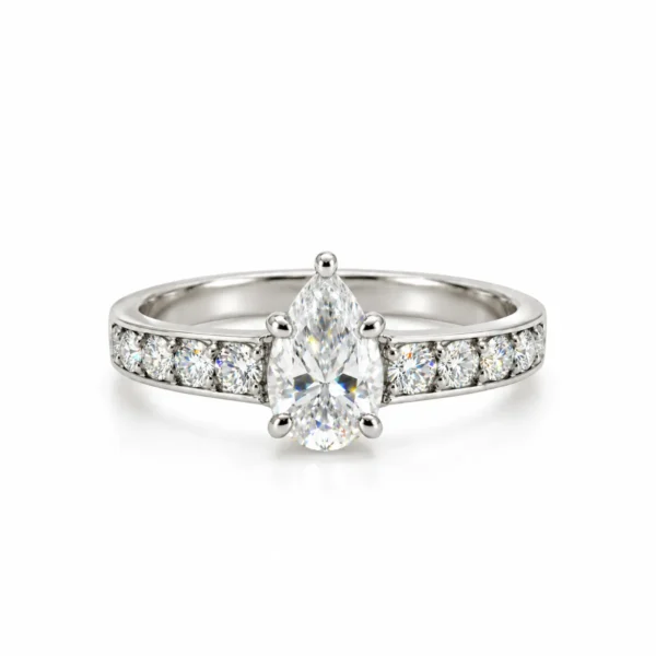 Front view of Pear Cut Moissanite Diamond Ring in 925 Sterling Silver with brilliant pear-shaped centre stone and sparkling side stones.