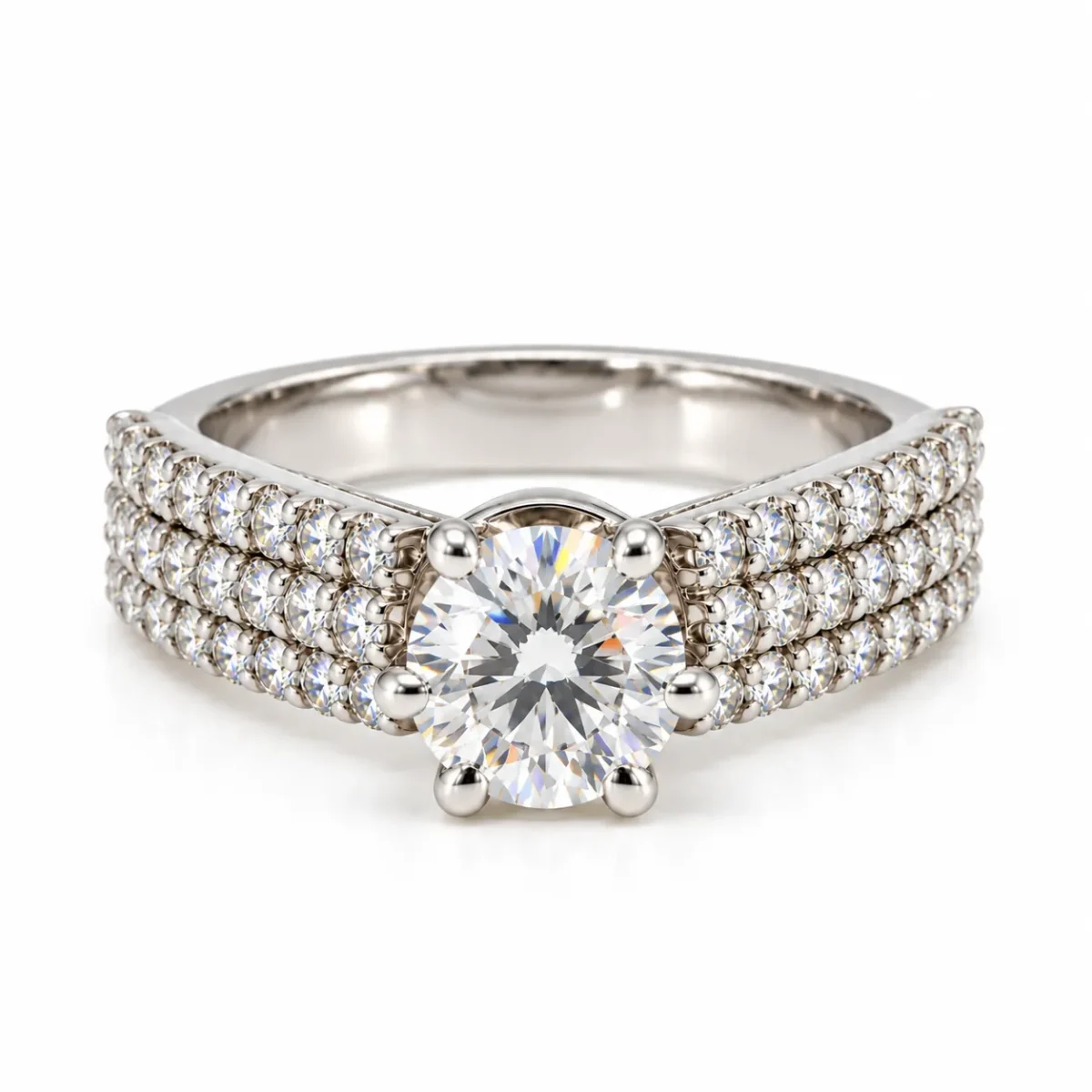 Triple Spark Moissanite Diamond 925 Sterling Silver Ring front view featuring round solitaire centre stone and triple-row pavé side stones.
