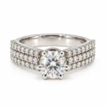Triple Spark Moissanite Diamond 925 Sterling Silver Ring front view featuring round solitaire centre stone and triple-row pavé side stones.