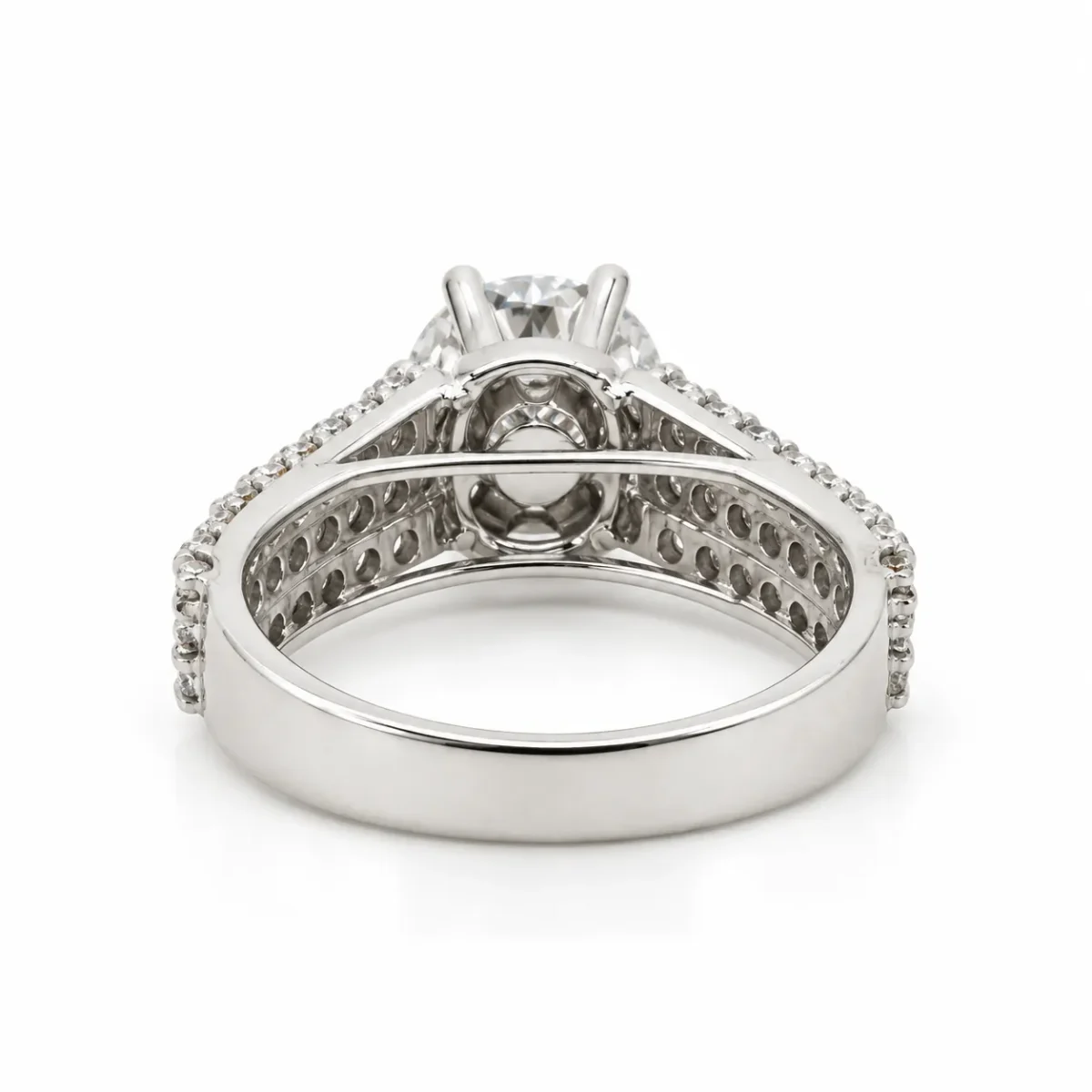 Triple Spark Moissanite Diamond 925 Sterling Silver Ring back view showing smooth silver band and detailed open gallery setting.