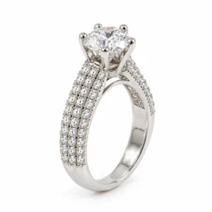 Triple Spark Moissanite Diamond 925 Sterling Silver Ring angled view featuring a brilliant round-cut centre stone, six-prong setting, and triple-row pavé side stones.