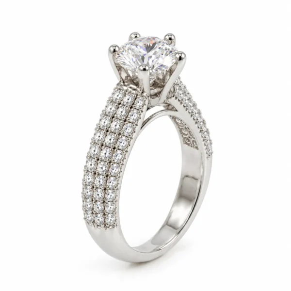 Triple Spark Moissanite Diamond 925 Sterling Silver Ring angled view featuring a brilliant round-cut centre stone, six-prong setting, and triple-row pavé side stones.
