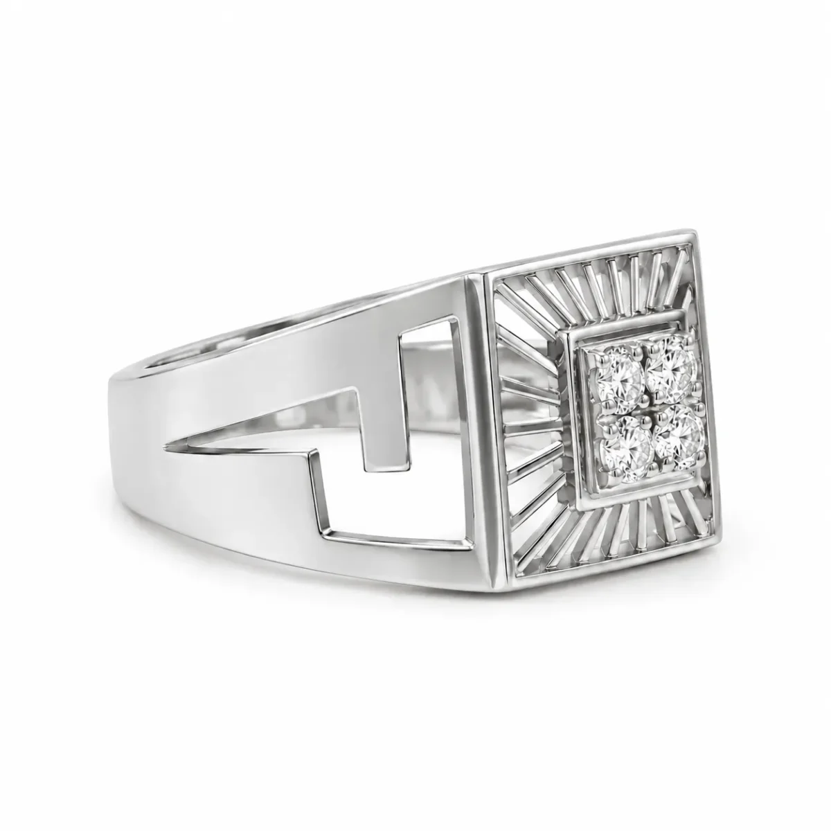 Left side view of Royal Sunburst Moissanite Diamond Men's Ring in 925 Sterling Silver featuring four sparkling stones, a square sunray design, and geometric side cutouts.