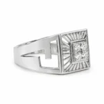 Left side view of Royal Sunburst Moissanite Diamond Men's Ring in 925 Sterling Silver featuring four sparkling stones, a square sunray design, and geometric side cutouts.