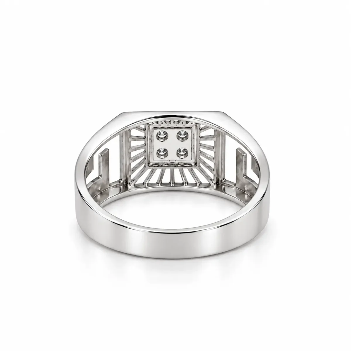 Back view of Royal Sunburst Moissanite Diamond Men's Ring in 925 Sterling Silver showing the open-back four-stone setting and smooth rose gold-tone band.