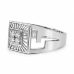Right side view of Royal Sunburst Moissanite Diamond Men's Ring in 925 Sterling Silver highlighting its four-stone square setting, sunburst detailing, and polished rose gold-tone band.