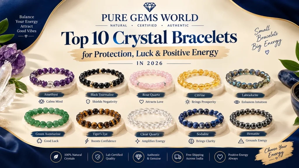 Top 10 best natural crystal bracelets for protection, luck and positive energy in 2026 – affordable healing crystal bracelets in Delhi at Pure Gems World.