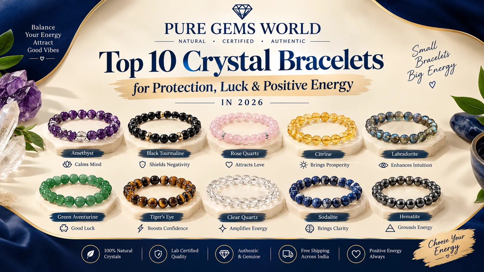 Top 10 best natural crystal bracelets for protection, luck and positive energy in 2026 – affordable healing crystal bracelets in Delhi at Pure Gems World.