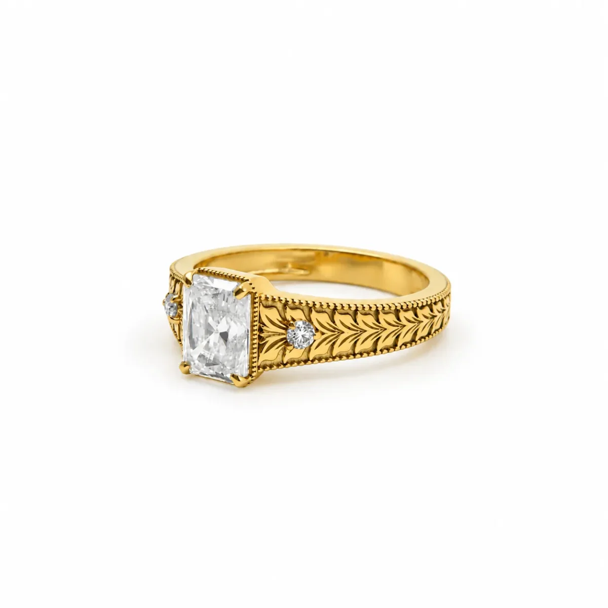 Victorian Charm Lab Grown Diamond Gold Ring with Detailed Floral Leaf Engraving, Rectangular Diamond and Round Side Stone – Left Side View