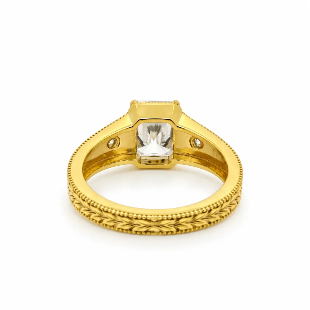 Victorian Charm Lab Grown Diamond Ring Back View Showing Yellow Gold Band, Engraved Leaf Pattern and Rectangular Diamond Setting