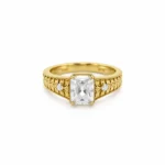 Victorian Charm Lab Grown Diamond Ring in Yellow Gold with Rectangular Centre Diamond, Two Round Side Diamonds and Vintage Leaf Engraving – Front View