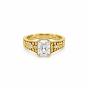 Victorian Charm Lab Grown Diamond Ring in Yellow Gold with Rectangular Centre Diamond, Two Round Side Diamonds and Vintage Leaf Engraving – Front View