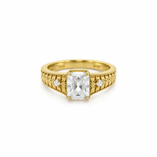 Victorian Charm Lab Grown Diamond Ring in Yellow Gold with Rectangular Centre Diamond, Two Round Side Diamonds and Vintage Leaf Engraving – Front View