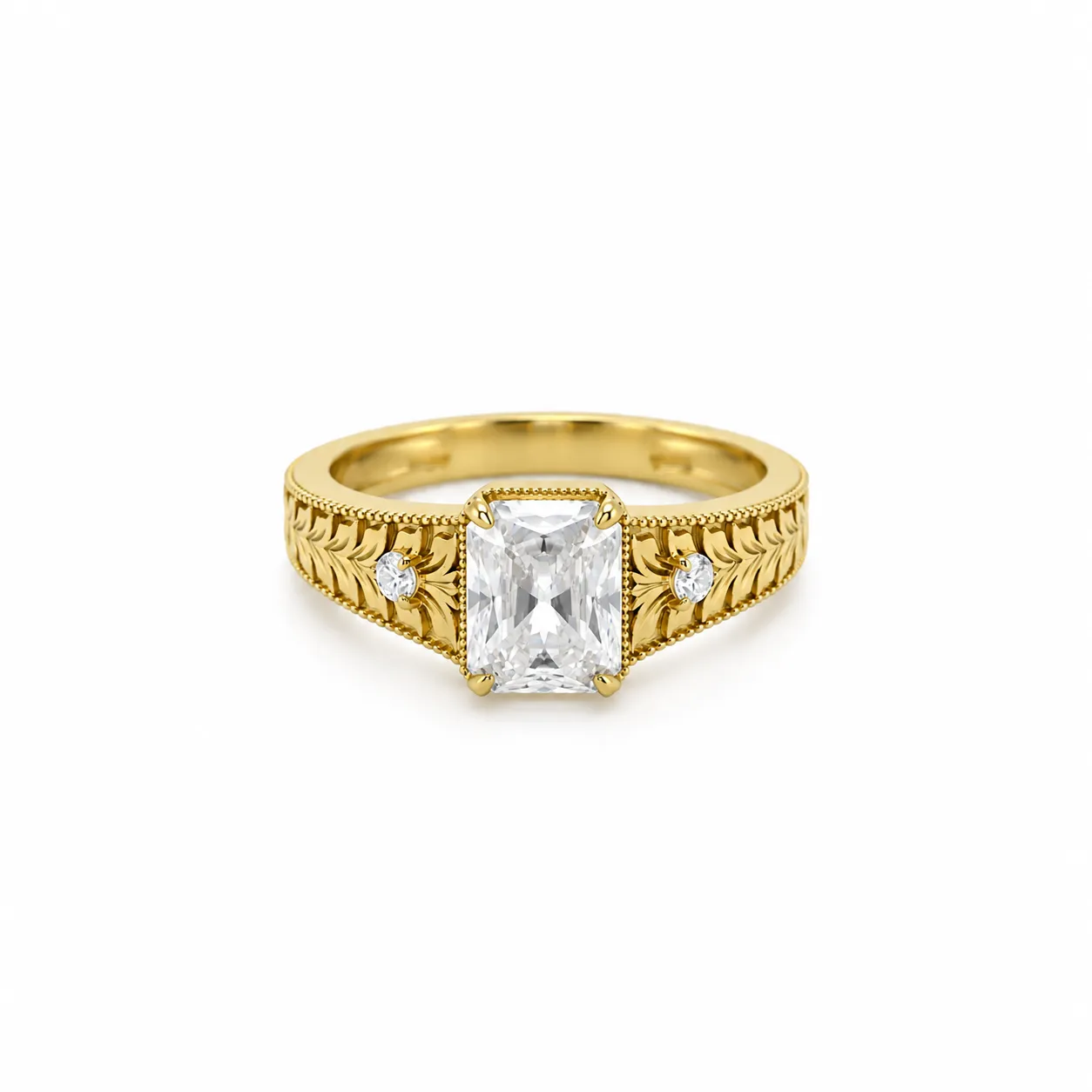 Victorian Charm Lab Grown Diamond Ring (4) Victorian Charm Lab Grown Diamond Ring in Yellow Gold with Rectangular Centre Diamond, Two Round Side Diamonds and Vintage Leaf Engraving – Front View