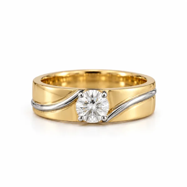 Wave Solitaire Lab Grown Diamond Ring for Men yellow gold front view