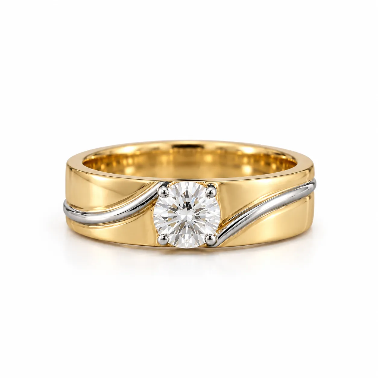 Wave Solitaire Lab Grown Diamond Ring for Men yellow gold front view