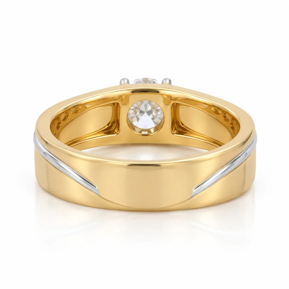 Wave Solitaire Lab Grown Diamond Ring for Men back and inner view in yellow and white gold